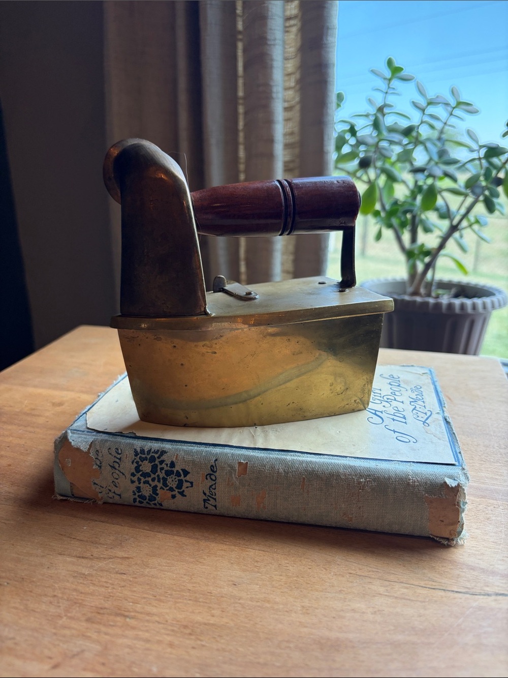 Antique Brass Wood Handle Charcoal Steam Sad Iron with Chimney 1900s 1920s 1930s